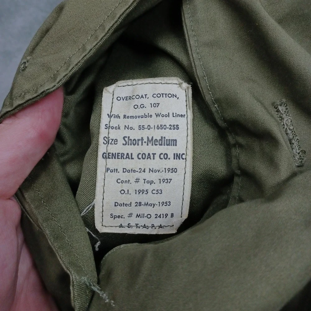 Vintage US Military Overcoat Mens Medium Green Wool Liner 1950s Belted OG 107